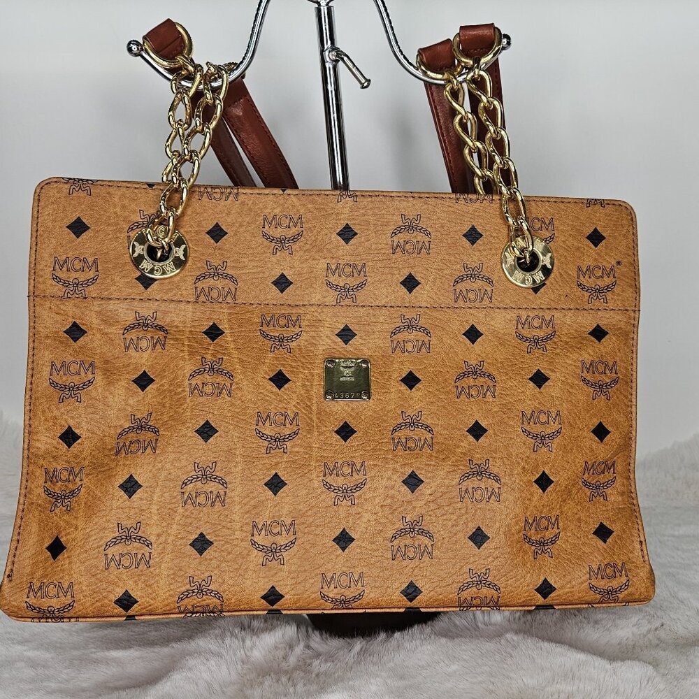 Price is FIRM⚠️ MCM Cognac Visetos Coated Canvas and Leather Chain Tote
